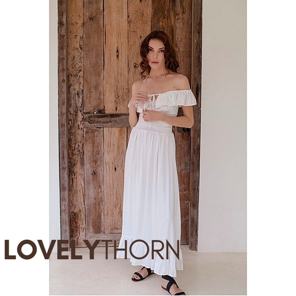 ELF // white florence ruffle on or off the shoulder smocked bodice maxi dress